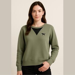 Victorias Secret PINK army green crew neck sweater with black netting front Sz M